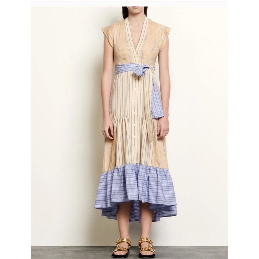 Sandro Paris Striped Tiered Midi Dress Tan Blue V-Neck TieWaist SFPRO01114 34 XS